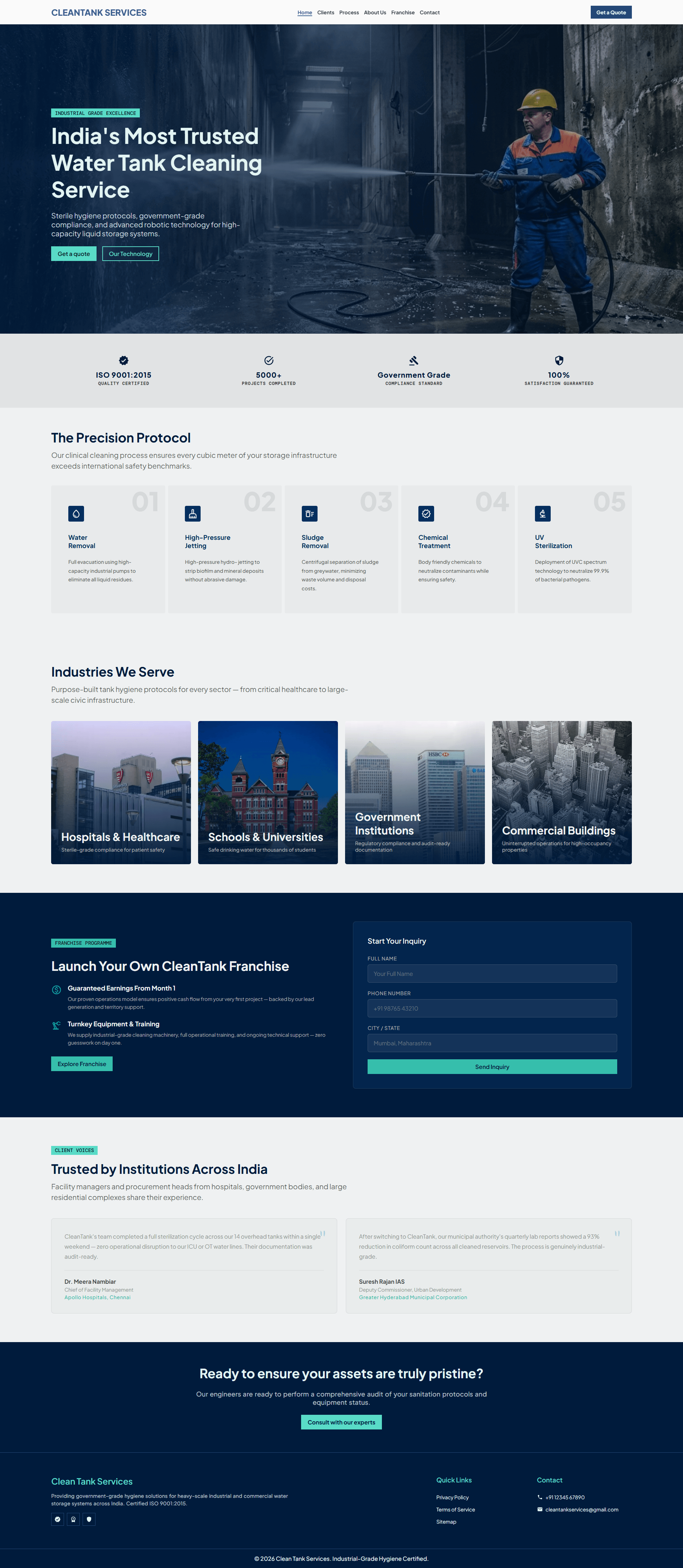 The CleanTank Services homepage I built on desktop, showing the hero, the certification stats bar, and the five-step Precision Protocol section